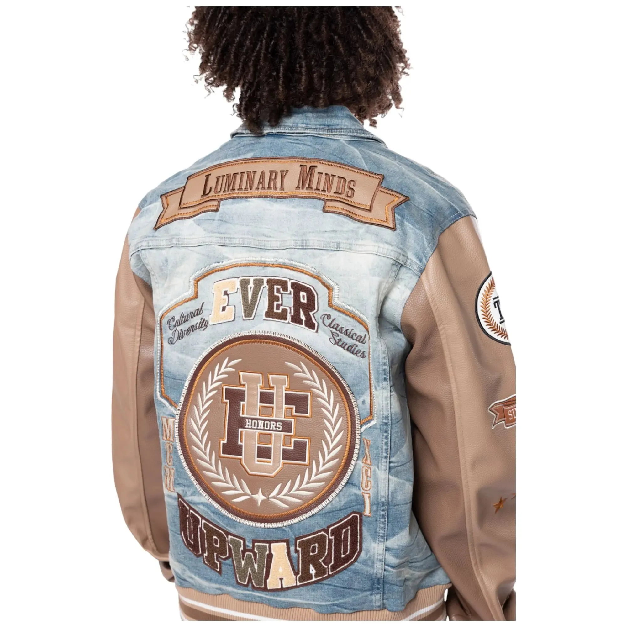 Smoke Rise Men Varsity PU Sleeve Denim Jacket (Clyde Blue)