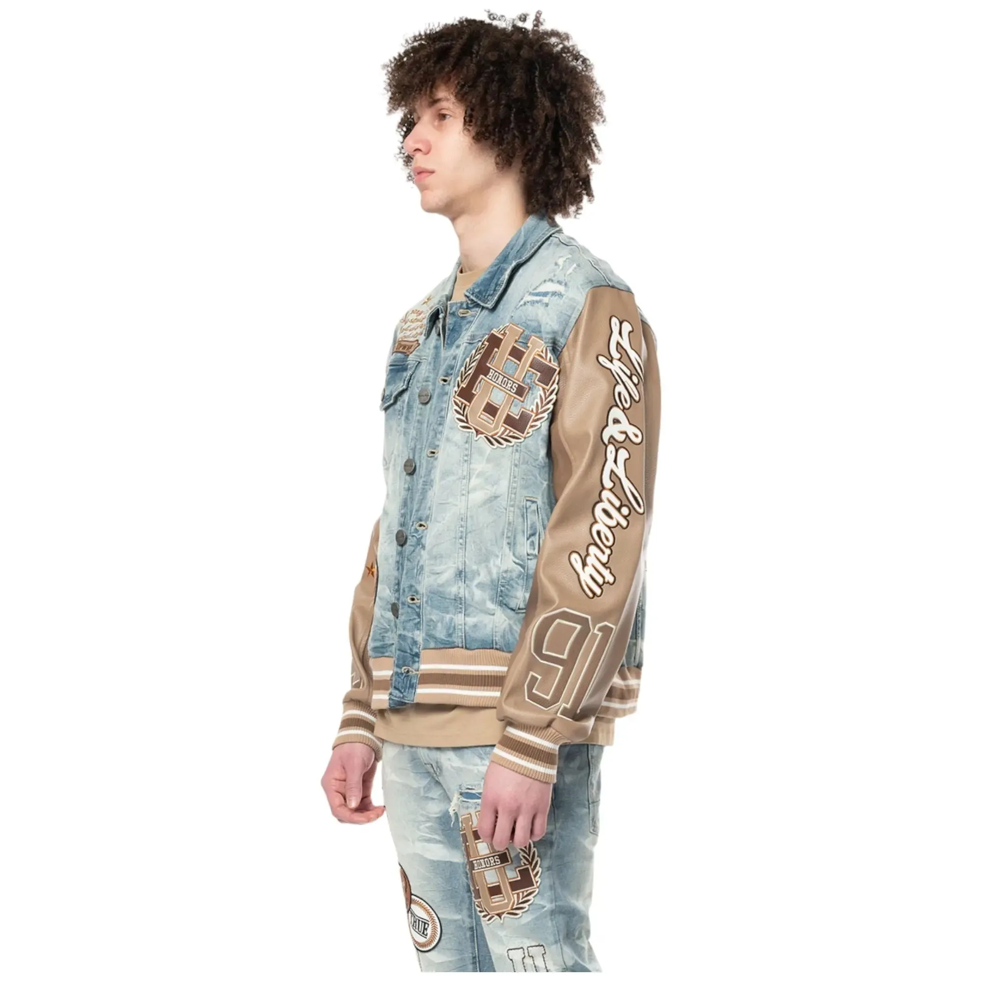 Smoke Rise Men Varsity PU Sleeve Denim Jacket (Clyde Blue)