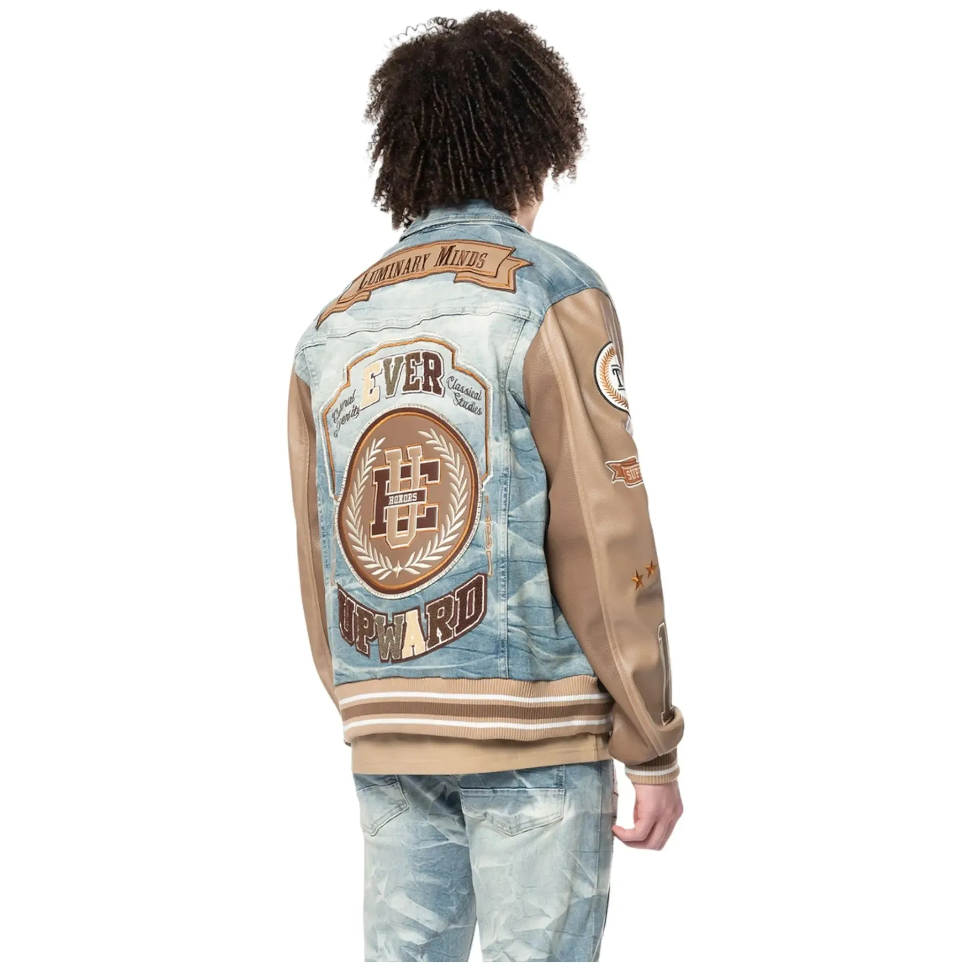 Smoke Rise Men Varsity PU Sleeve Denim Jacket (Clyde Blue)