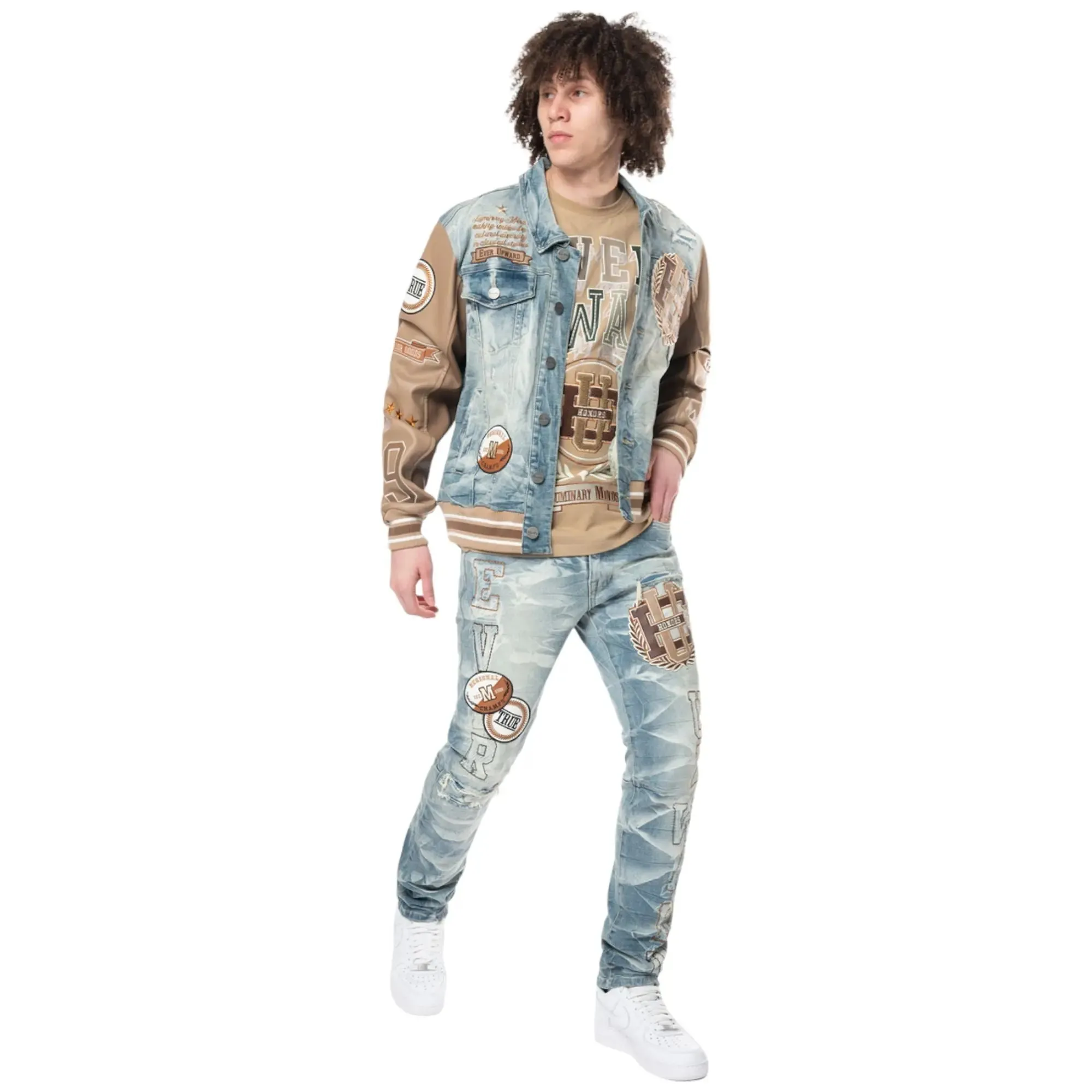 Smoke Rise Men Varsity PU Sleeve Denim Jacket (Clyde Blue)