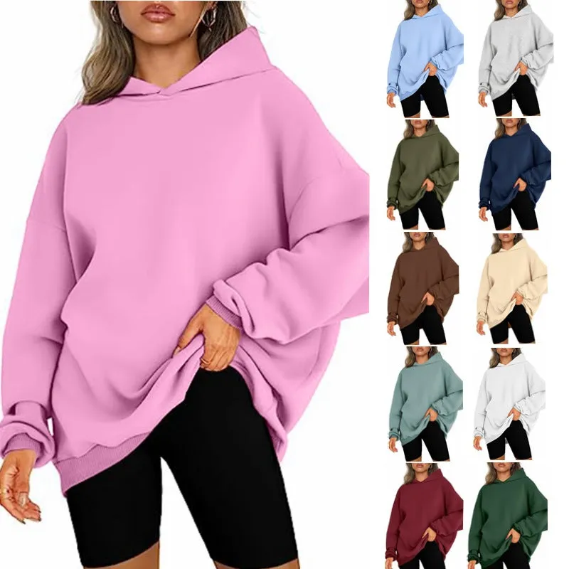 Solid Color Hooded Pullover Oversized Loose Casual Fleece Sweatshirt Wholesale Womens Clothing N3824070900009
