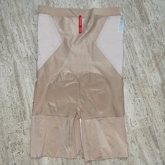 SPANX ONCORE SCULPT High Waisted Mid Thigh Short in soft Nude Sz XL Open Gasset