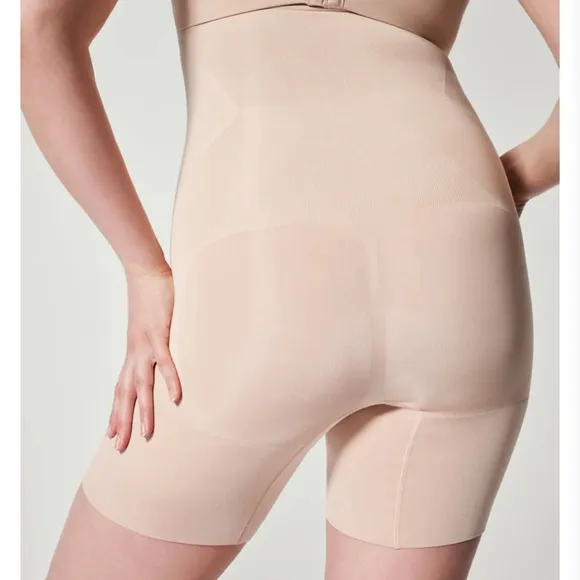 SPANX ONCORE SCULPT High Waisted Mid Thigh Short in soft Nude Sz XL Open Gasset