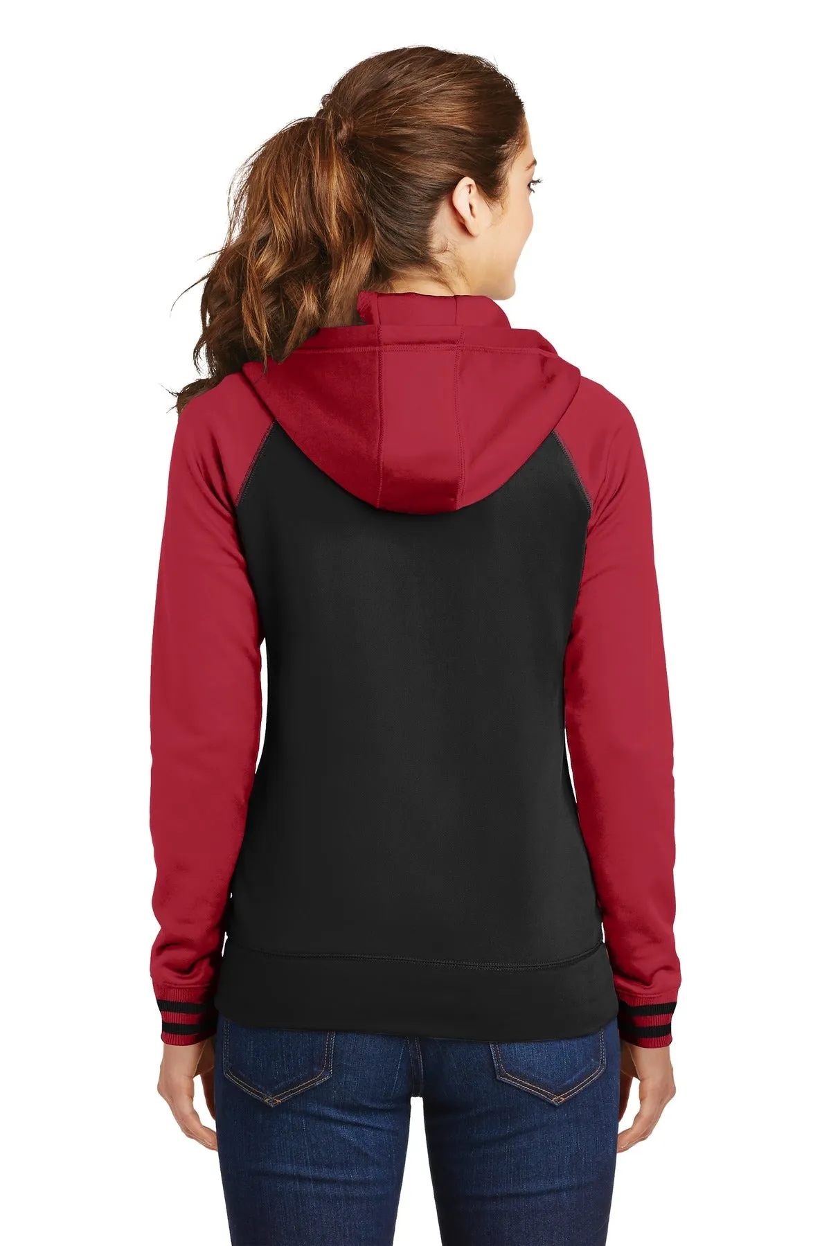 Sport-Tek Women's Sport-Wick Varsity Fleece Full-Zip Hooded Jacket. LST236 Black/ Deep Red