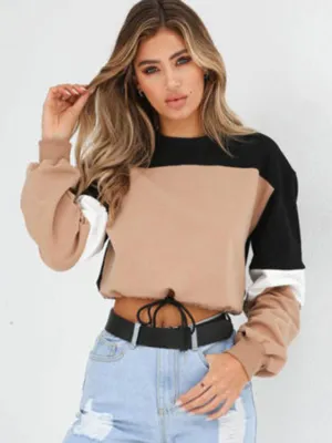 Spring New Women's Fashion Ladies Shorts Long Sleeve Color Matching Pullover Sweater