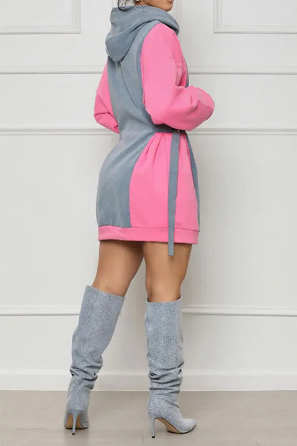 storexq Color Block Patchwork Casual Hooded Mini Dress