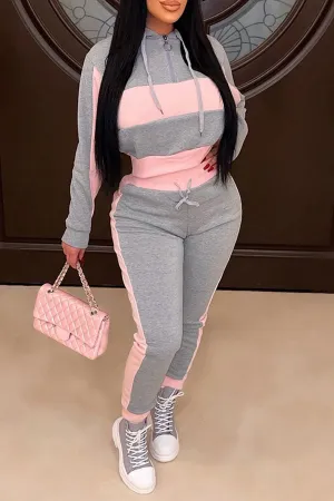 storexq Color Block Patchwork Casual Hooded Pant Suit