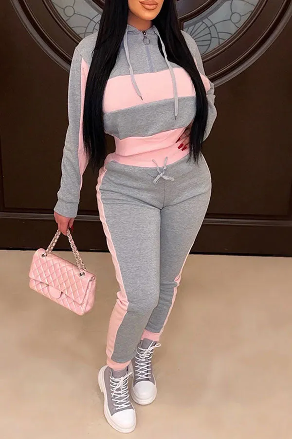 storexq Color Block Patchwork Casual Hooded Pant Suit