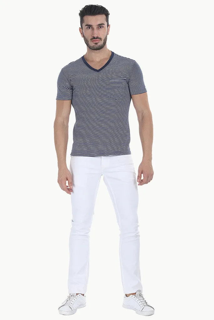 Striped Cotton Melange Knit V Neck Tee