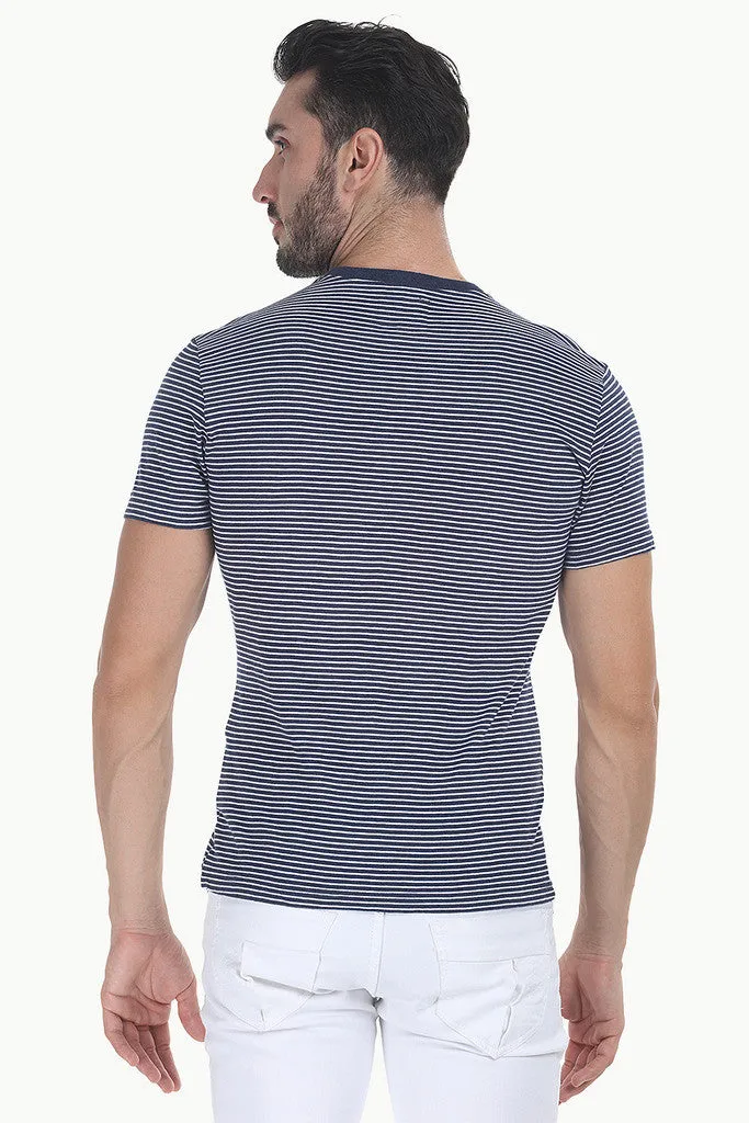 Striped Cotton Melange Knit V Neck Tee