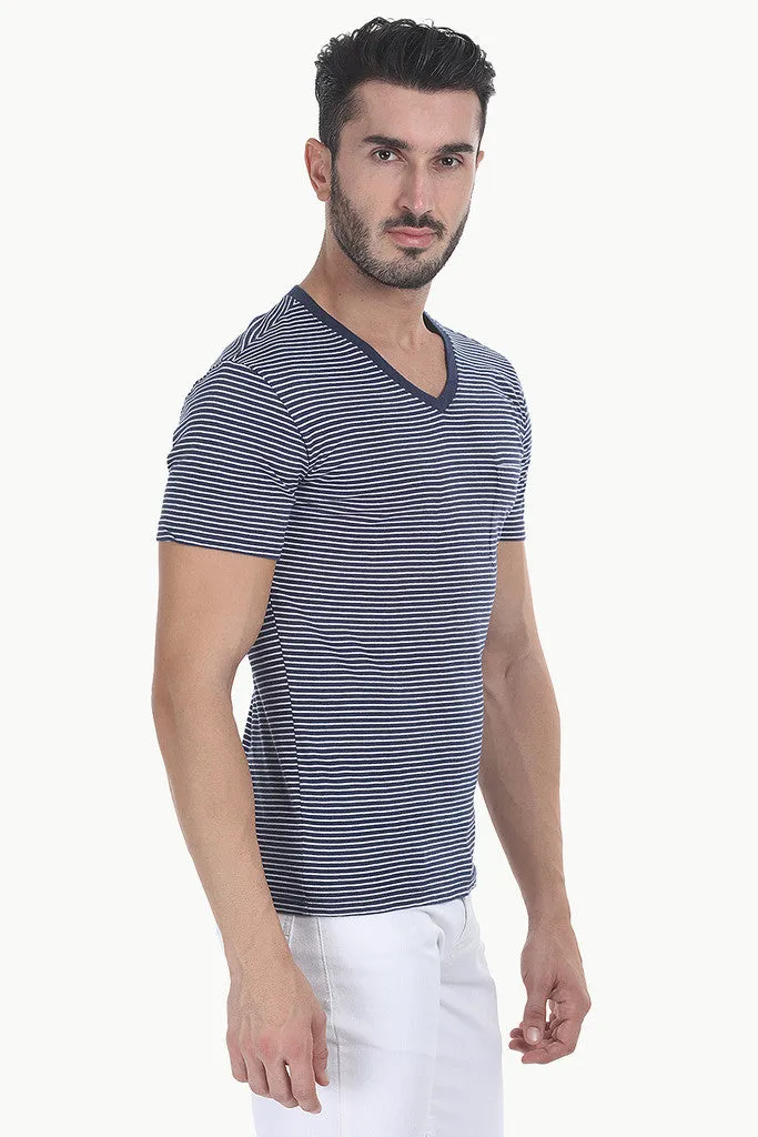 Striped Cotton Melange Knit V Neck Tee