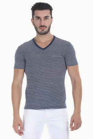 Striped Cotton Melange Knit V Neck Tee