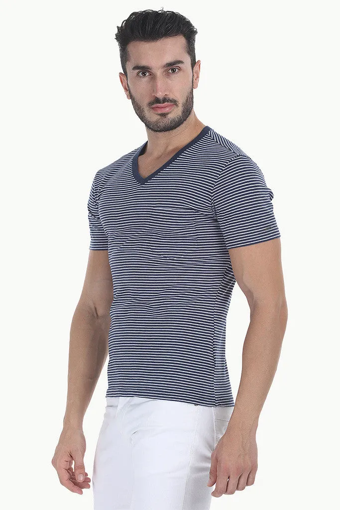 Striped Cotton Melange Knit V Neck Tee
