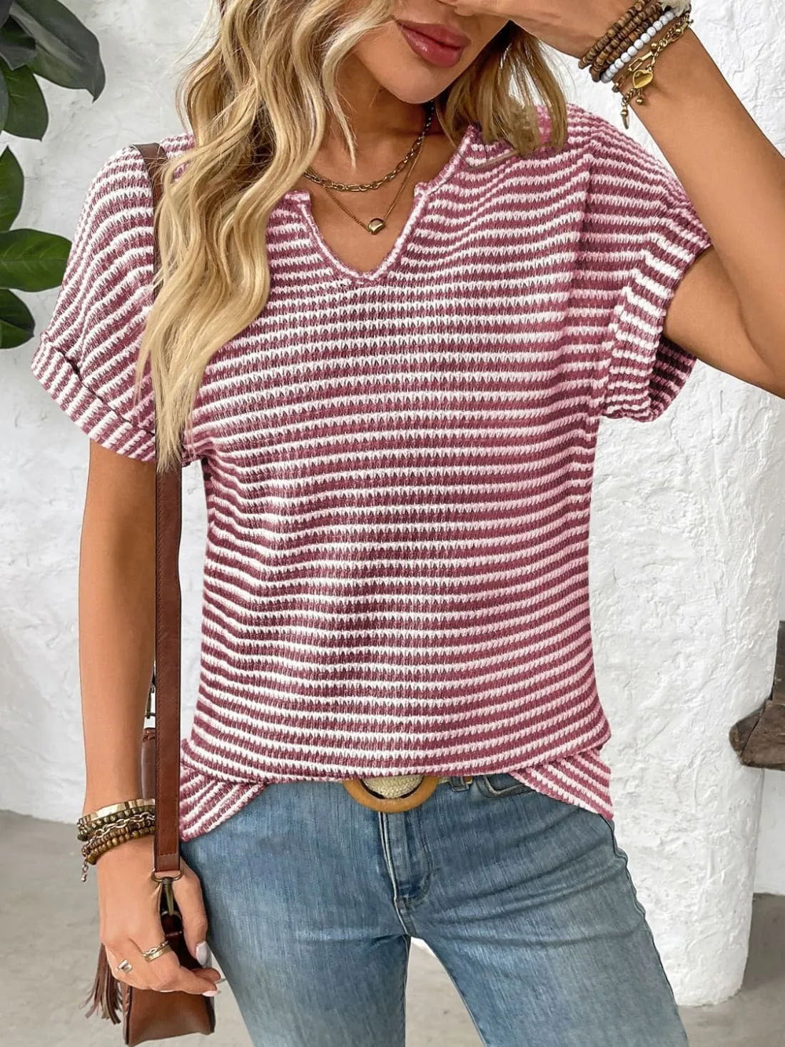 Striped Notched Short Sleeve T-Shirt