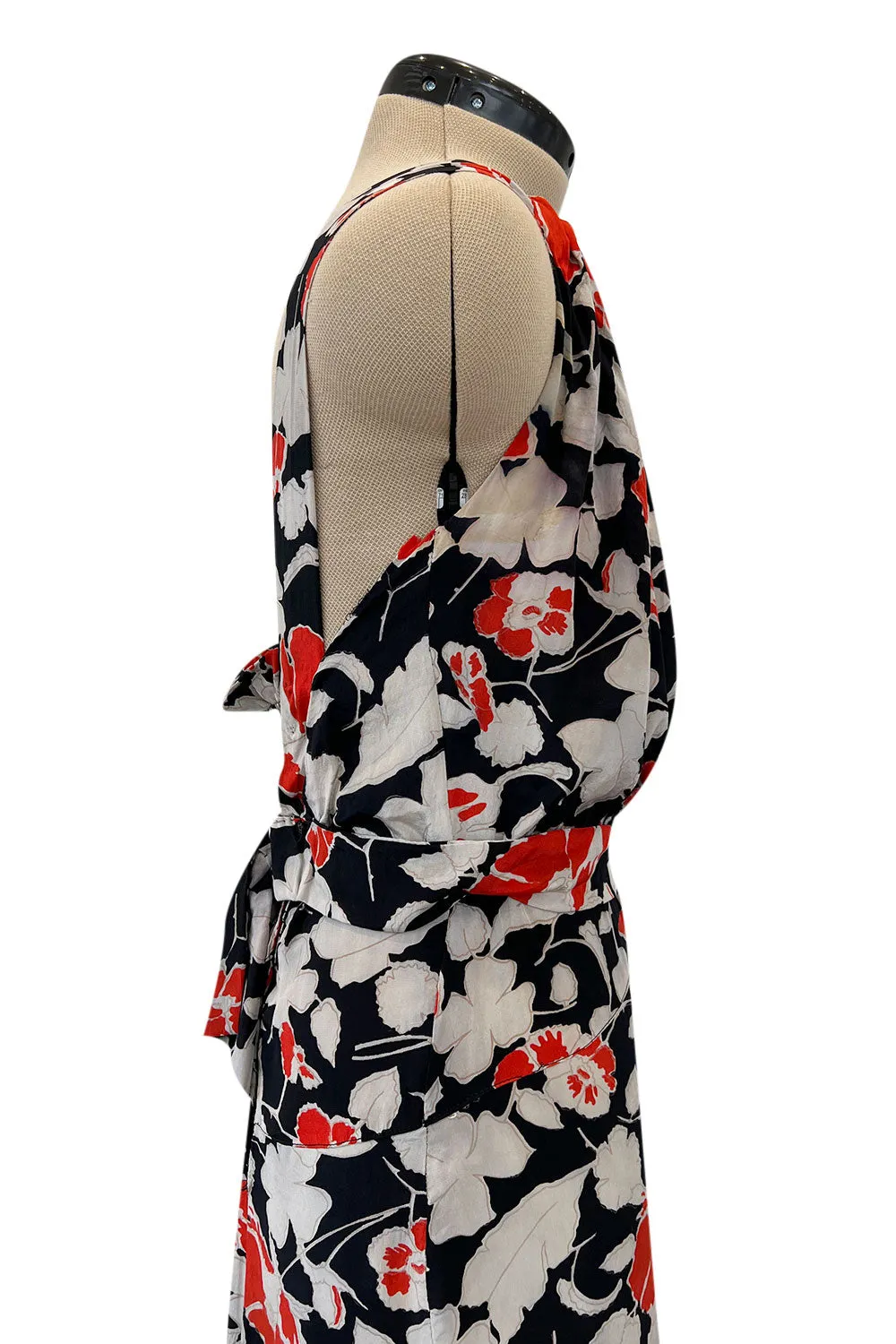 Stunning 1930s Coral, Black & Pale Grey Floral Silk Print Bias Cut Backless Dress