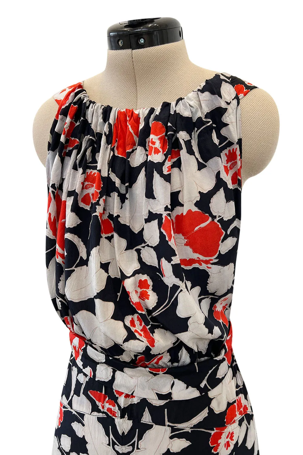 Stunning 1930s Coral, Black & Pale Grey Floral Silk Print Bias Cut Backless Dress