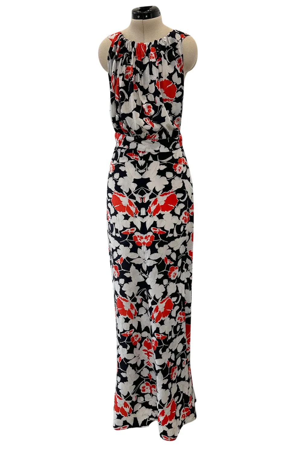 Stunning 1930s Coral, Black & Pale Grey Floral Silk Print Bias Cut Backless Dress