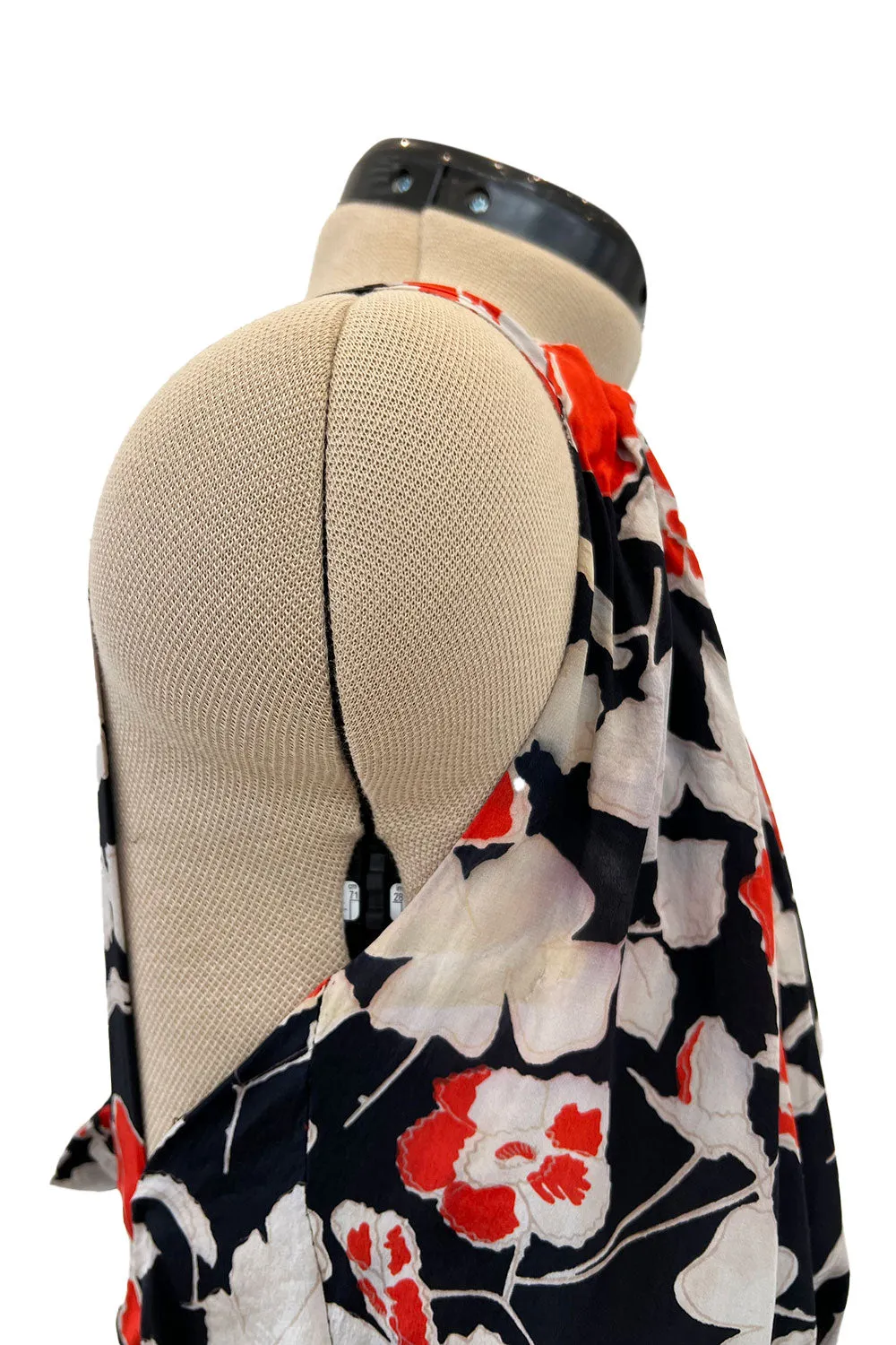 Stunning 1930s Coral, Black & Pale Grey Floral Silk Print Bias Cut Backless Dress