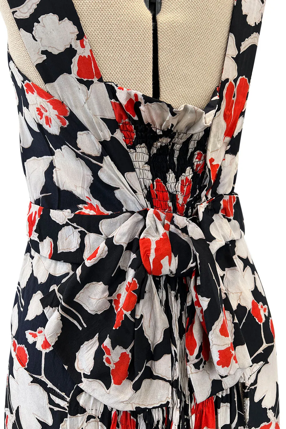 Stunning 1930s Coral, Black & Pale Grey Floral Silk Print Bias Cut Backless Dress