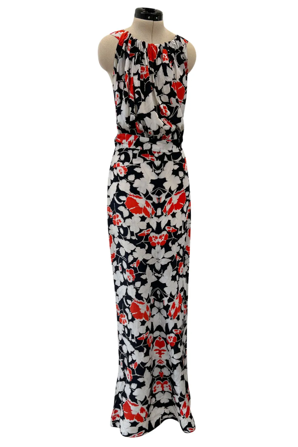 Stunning 1930s Coral, Black & Pale Grey Floral Silk Print Bias Cut Backless Dress