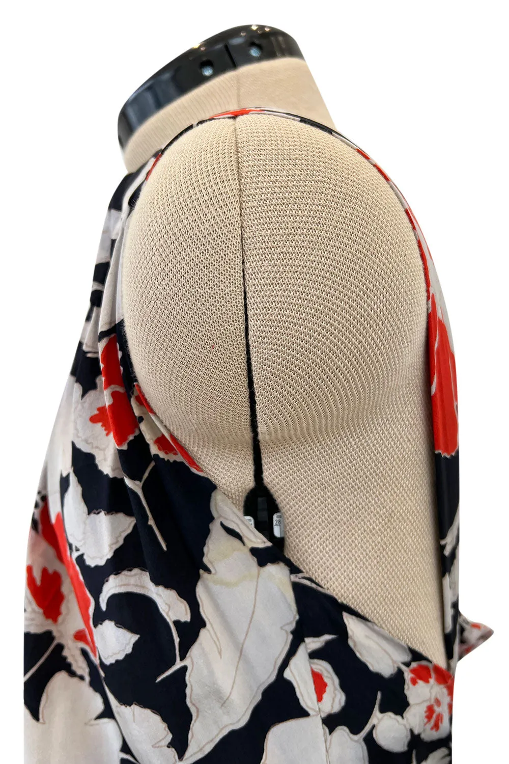 Stunning 1930s Coral, Black & Pale Grey Floral Silk Print Bias Cut Backless Dress