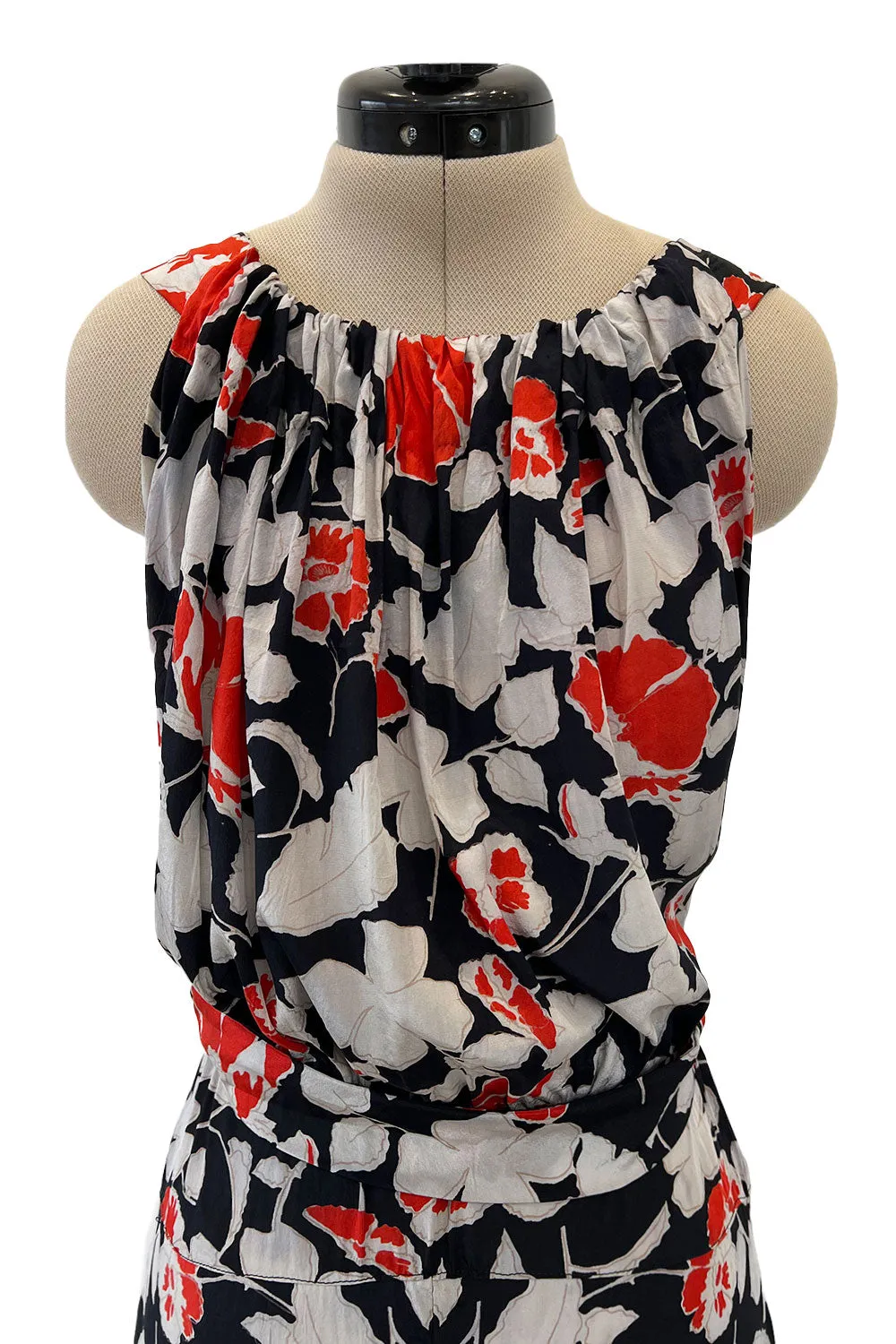 Stunning 1930s Coral, Black & Pale Grey Floral Silk Print Bias Cut Backless Dress