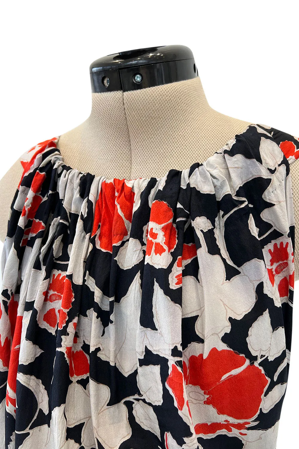 Stunning 1930s Coral, Black & Pale Grey Floral Silk Print Bias Cut Backless Dress