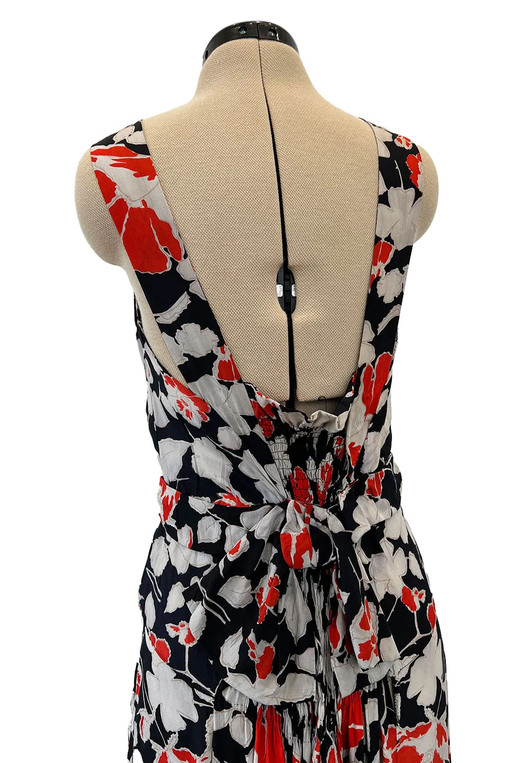 Stunning 1930s Coral, Black & Pale Grey Floral Silk Print Bias Cut Backless Dress