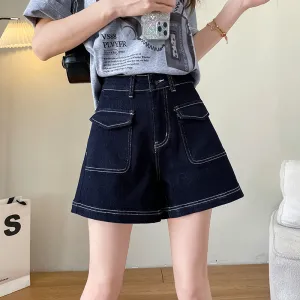 Stylish Wide Leg Solid Color Denim Shorts for Women