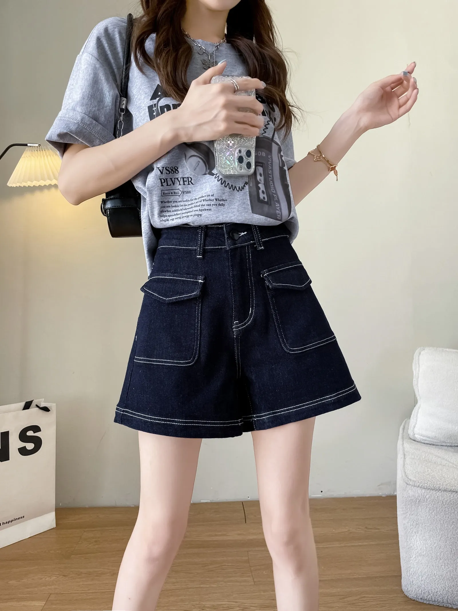 Stylish Wide Leg Solid Color Denim Shorts for Women