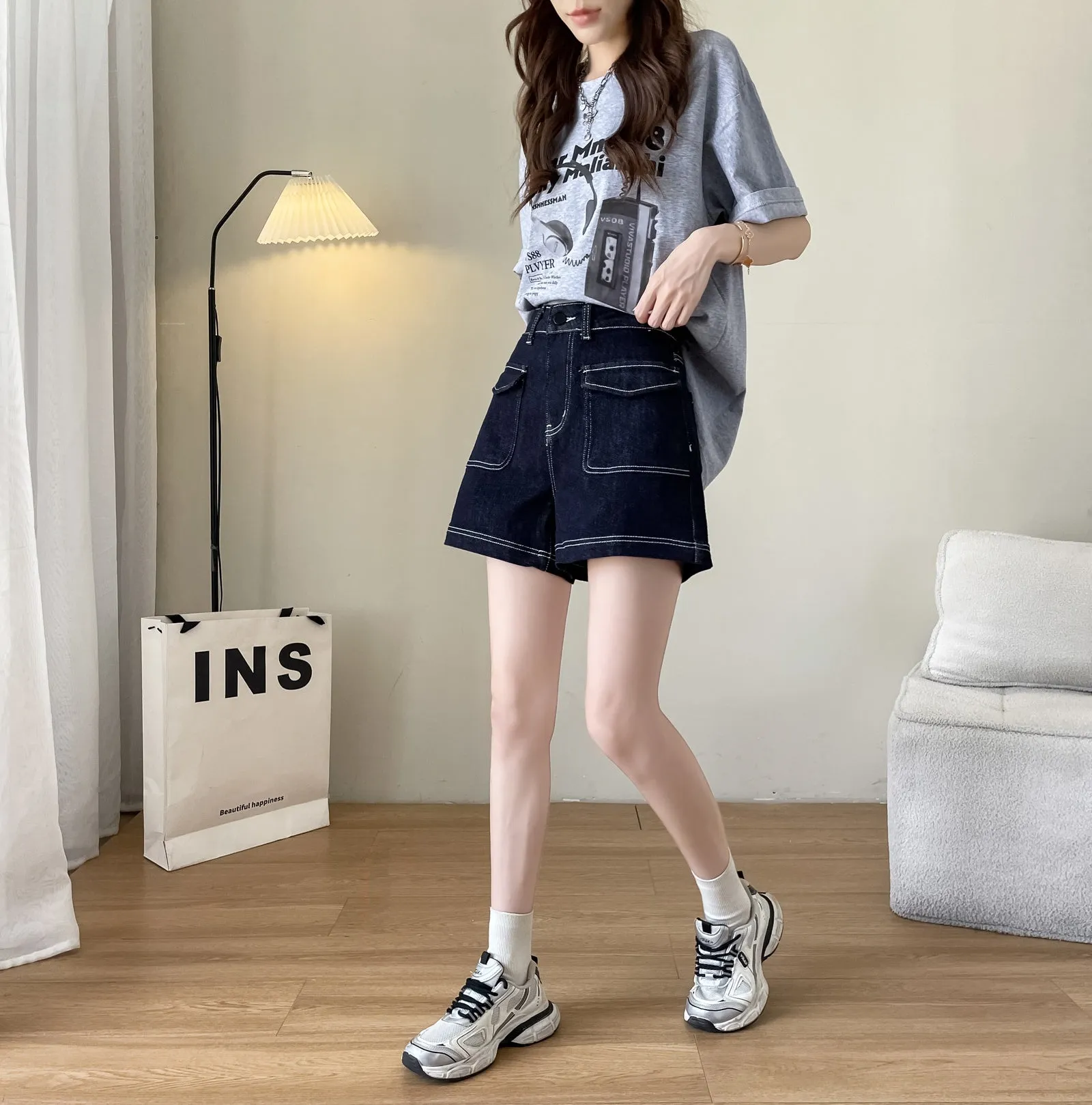Stylish Wide Leg Solid Color Denim Shorts for Women