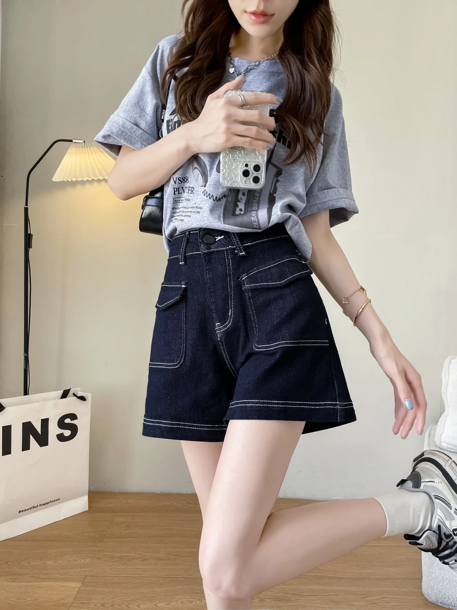 Stylish Wide Leg Solid Color Denim Shorts for Women