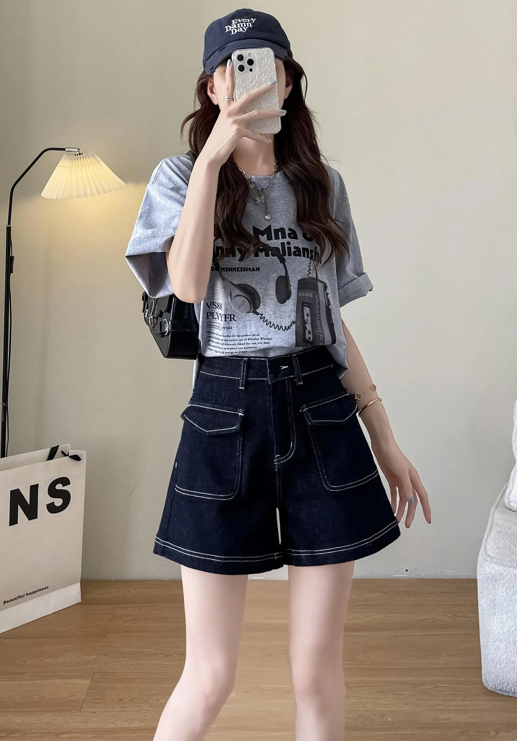 Stylish Wide Leg Solid Color Denim Shorts for Women