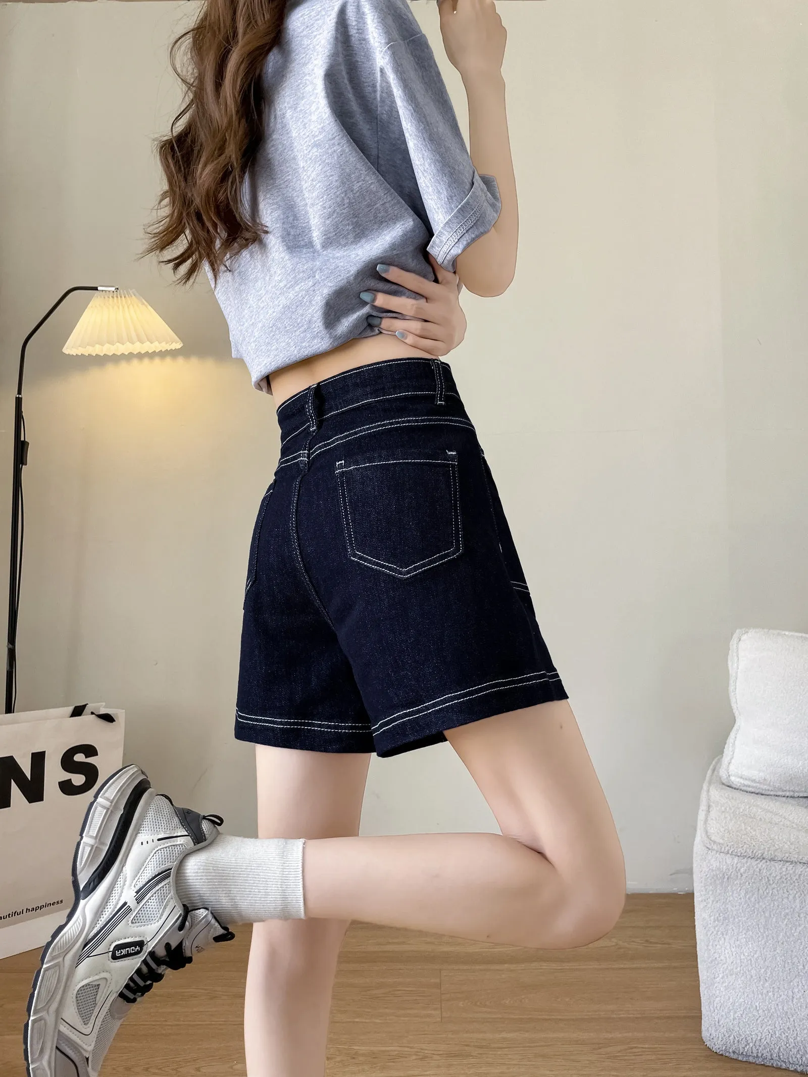 Stylish Wide Leg Solid Color Denim Shorts for Women