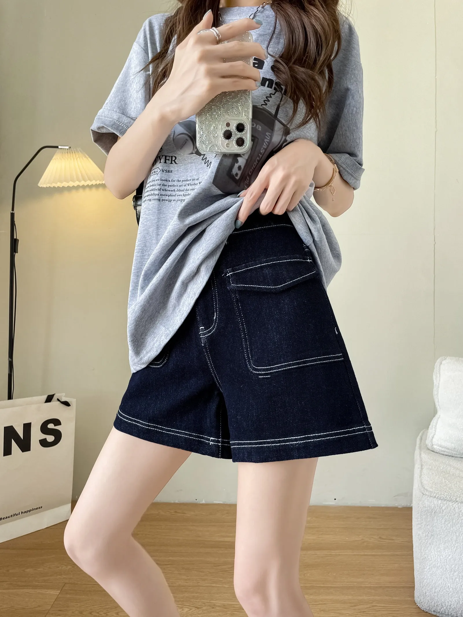 Stylish Wide Leg Solid Color Denim Shorts for Women