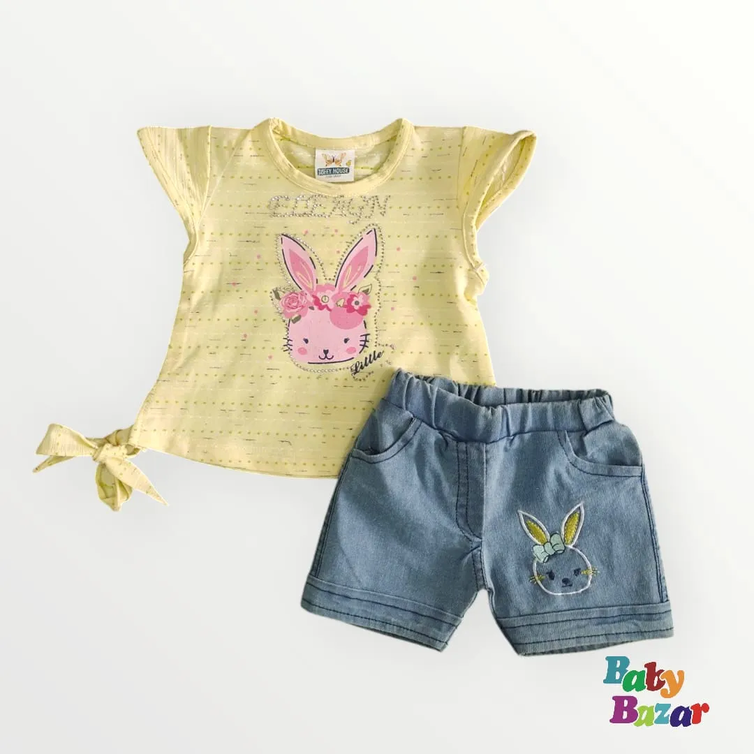 Sweet Bunny Graphic Top with Tie-Side and Denim Shorts Set For Baby Girl - Yellow