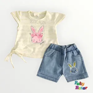 Sweet Bunny Graphic Top with Tie-Side and Denim Shorts Set For Baby Girl