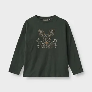 T-Shirt Deer Embroidery in Black Coal