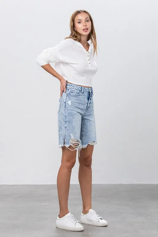 TAKE NO SLIT DISTRESSED DENIM BERMUDA SHORTS