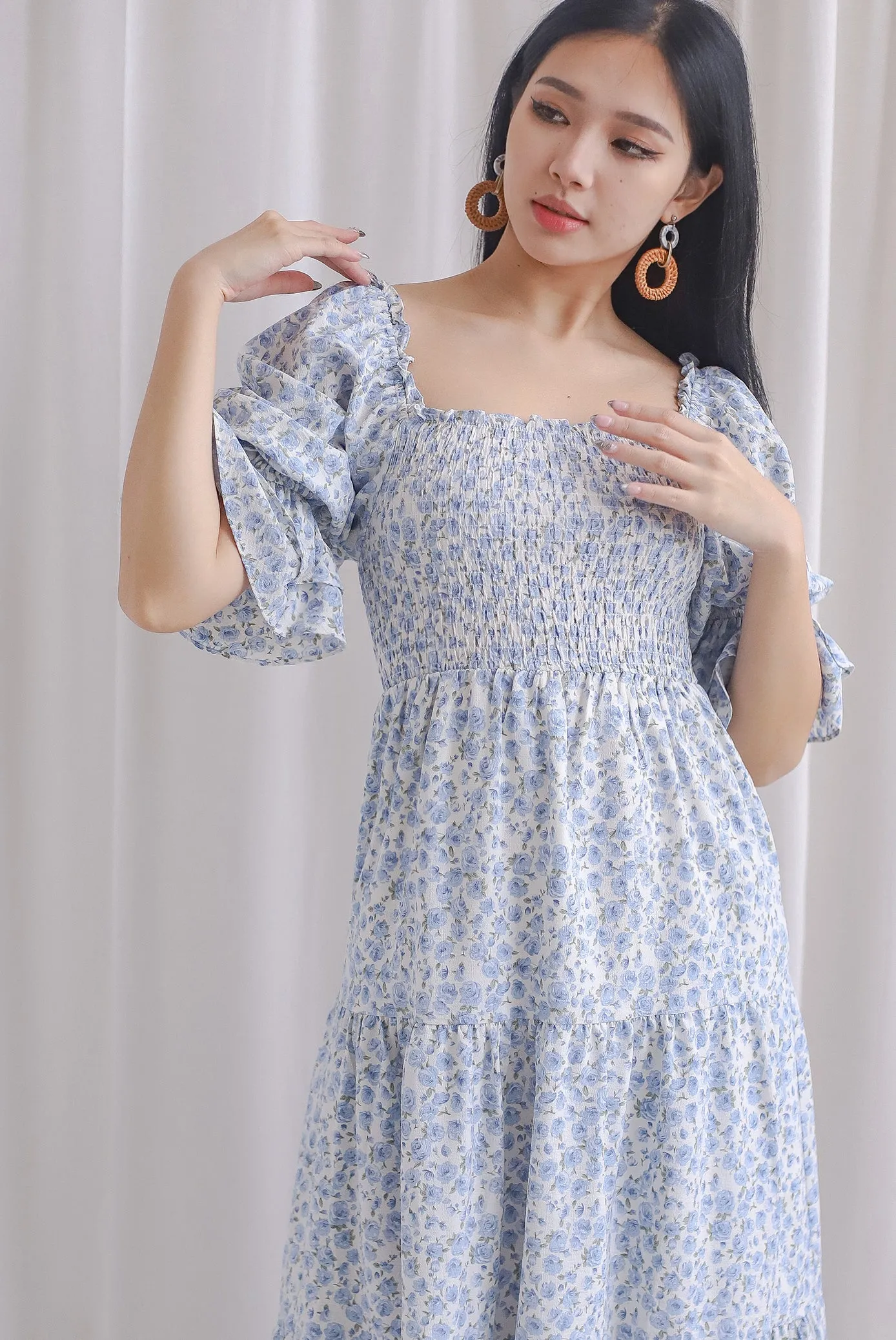 TDC Rosette Double Ruffle Midi Dress In Blue Roses
