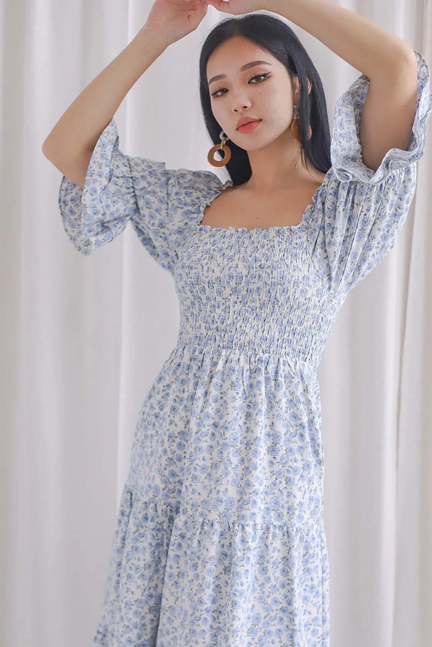 TDC Rosette Double Ruffle Midi Dress In Blue Roses