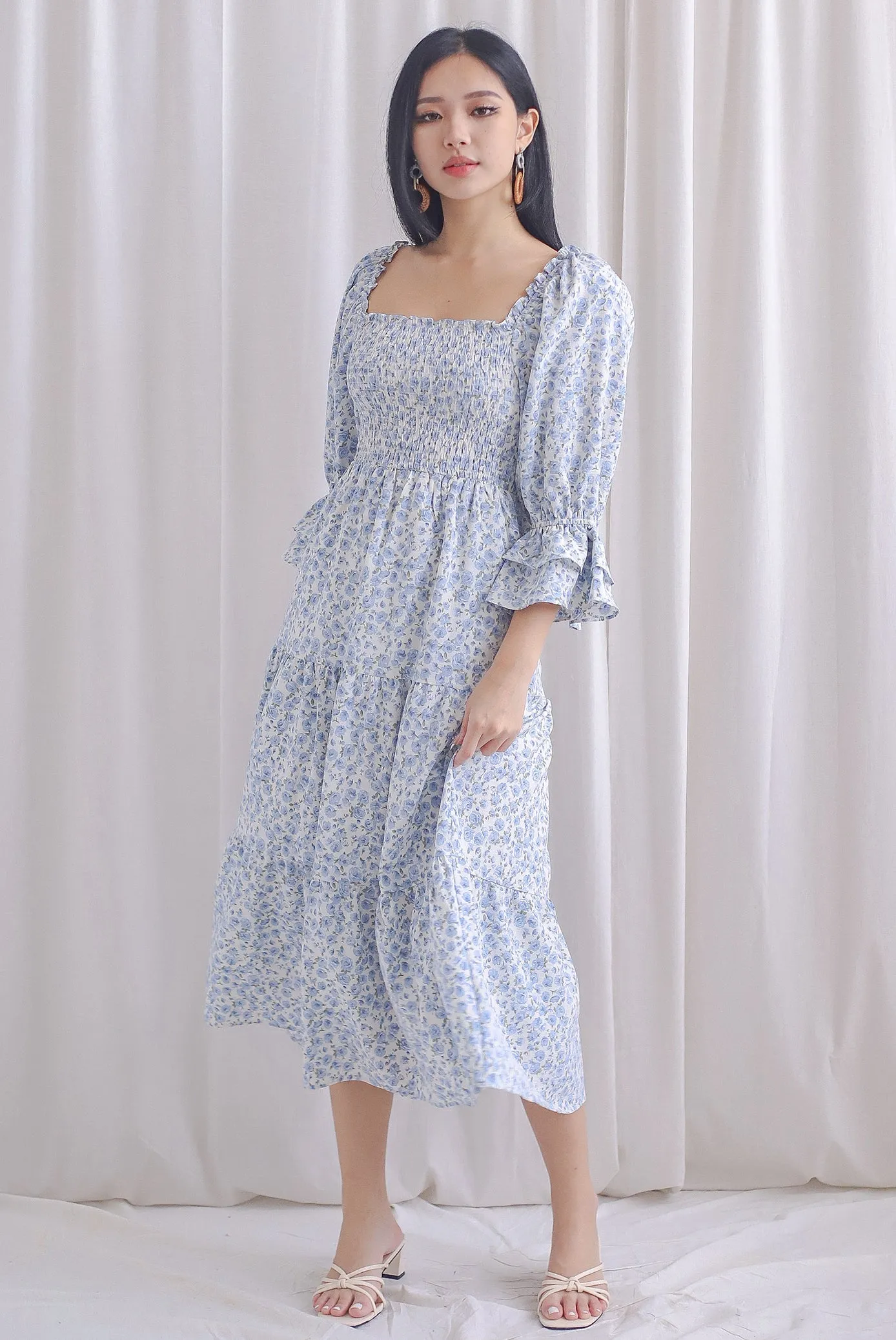 TDC Rosette Double Ruffle Midi Dress In Blue Roses