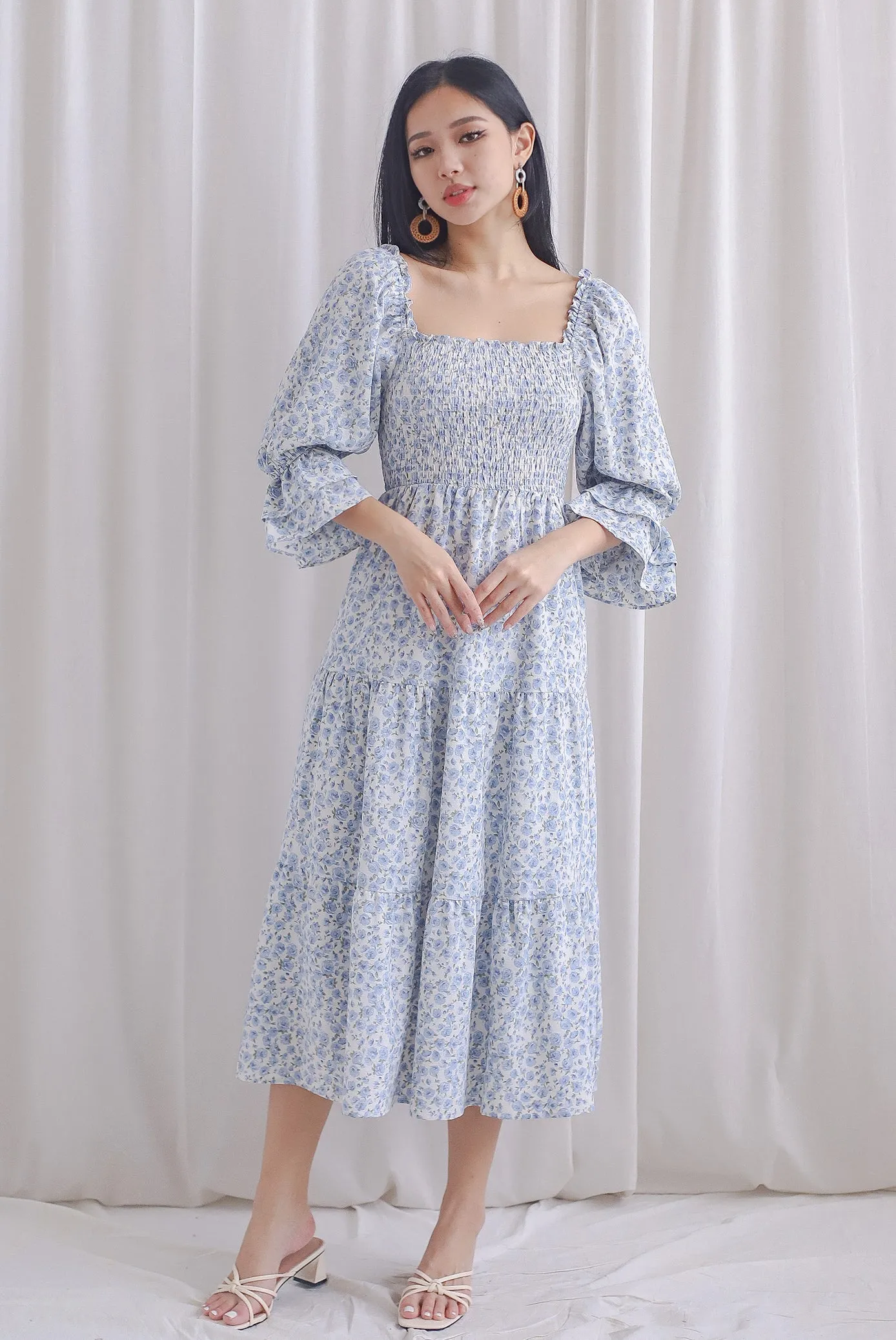 TDC Rosette Double Ruffle Midi Dress In Blue Roses
