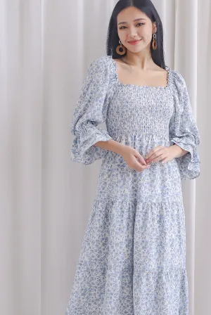 TDC Rosette Double Ruffle Midi Dress In Blue Roses