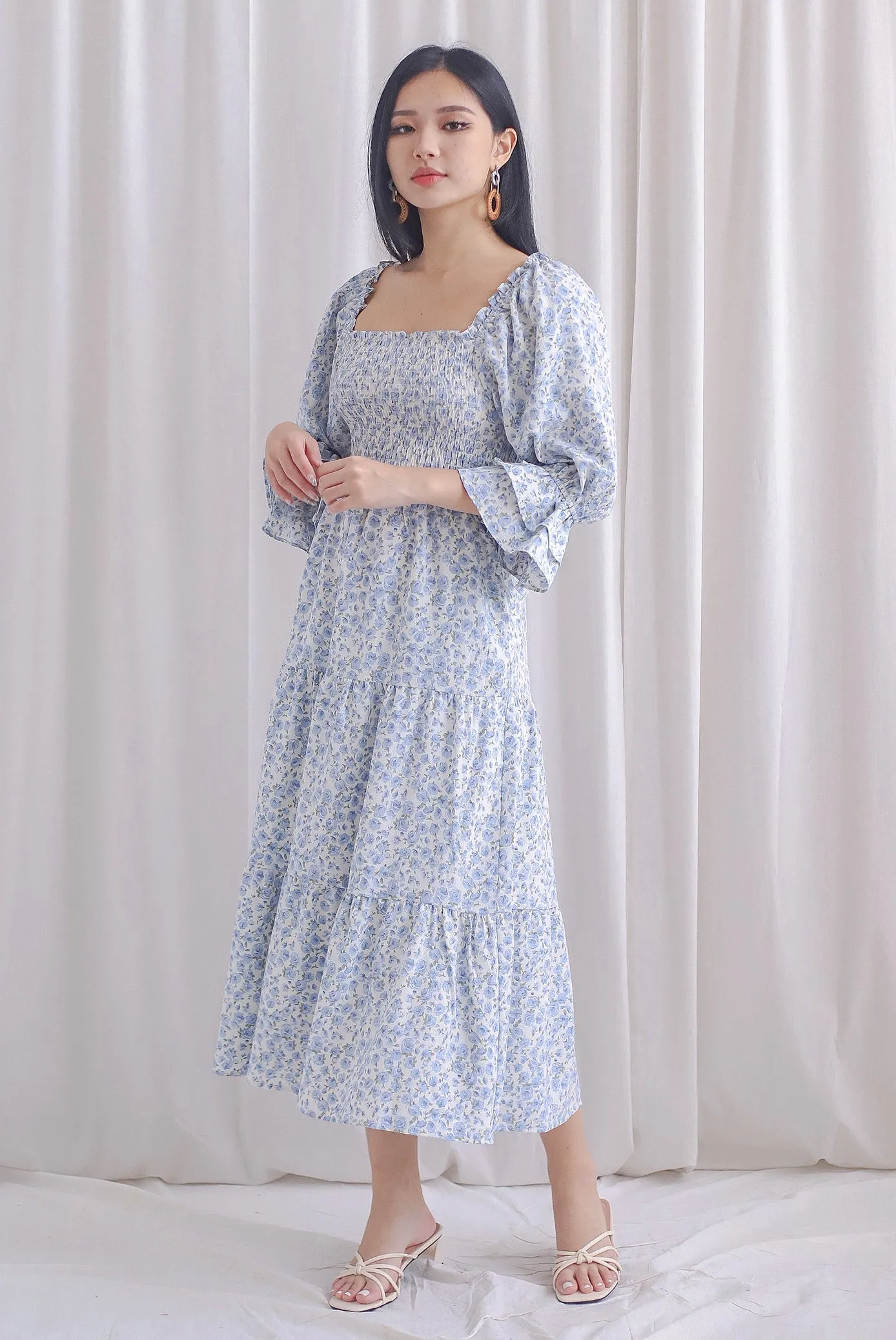 TDC Rosette Double Ruffle Midi Dress In Blue Roses
