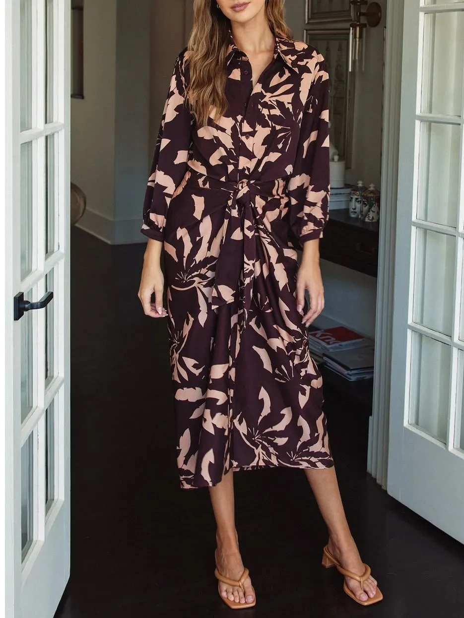 Tie Front Shirt Midi Dress - Brown/Pink