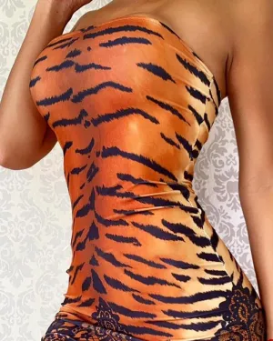 Tiger Lace Print Bandeau Bodycon Dress