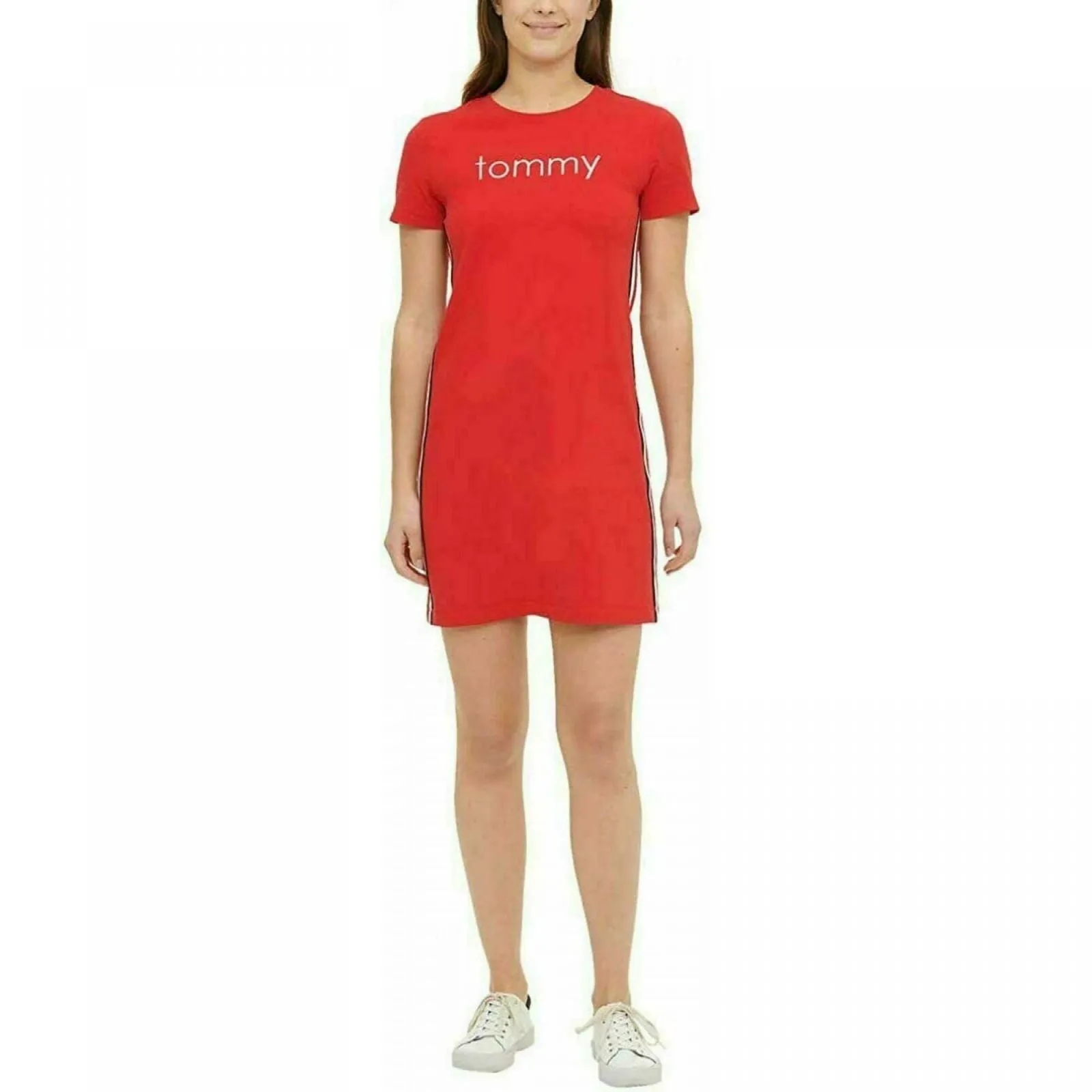 Tommy Hilfiger Women's Embroidered Logo Side Stripe T-Shirt Dress Red XL