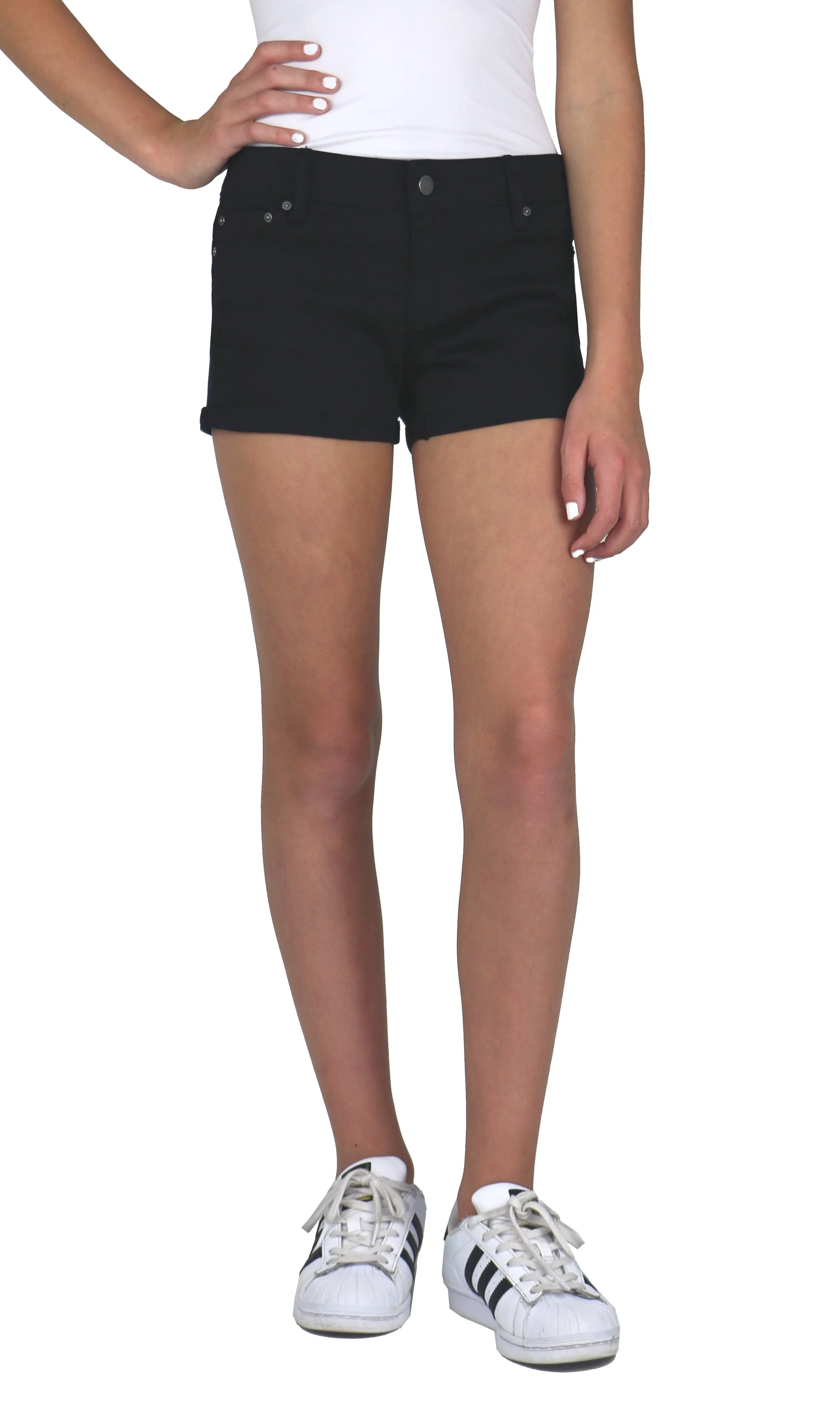 Tractr Girls 5 Pocket Mini Roll Hem Denim Shorts - Black (7-14)