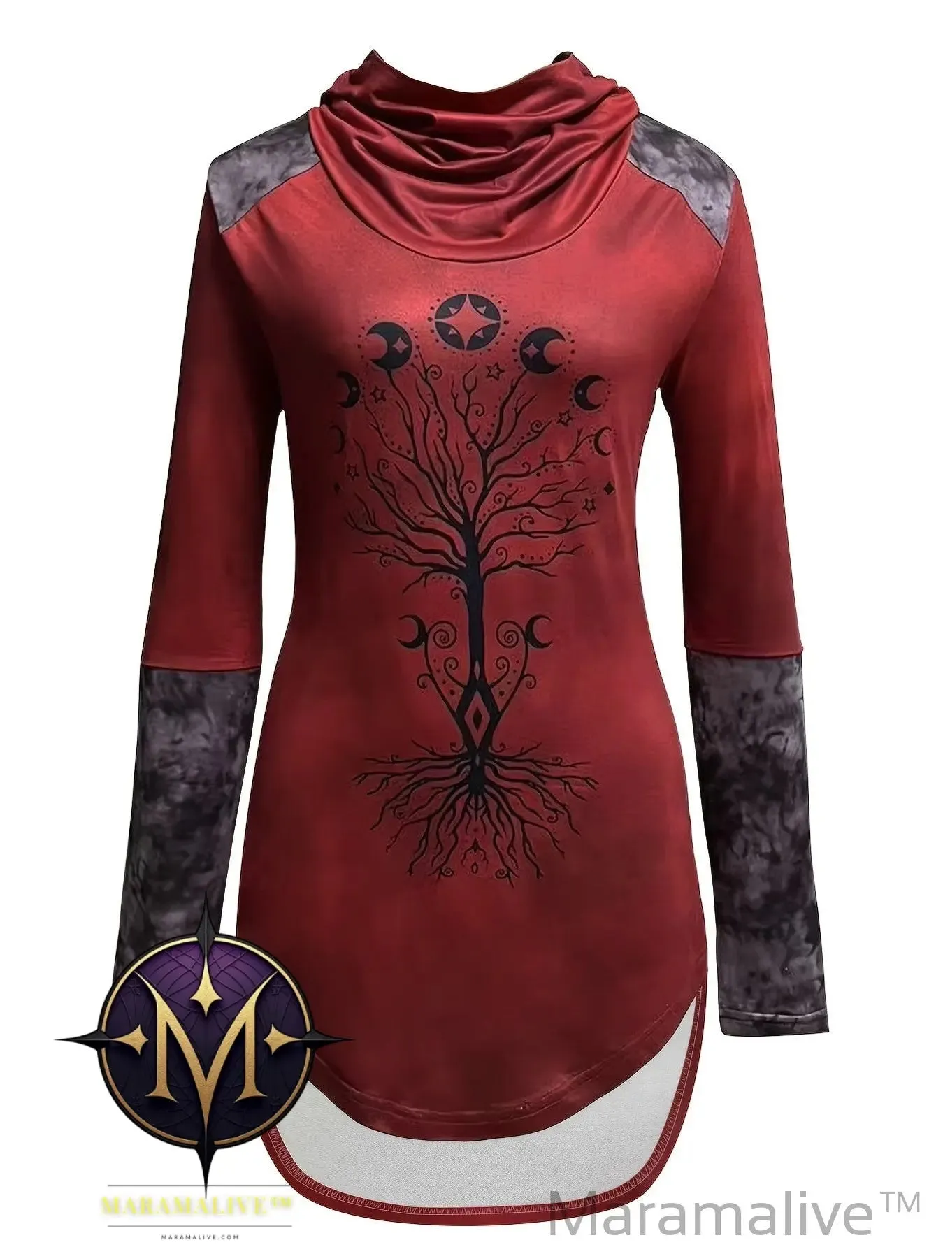 Tree Print Color Block Hoodie, High Low Hem Long Sleeve Casual Hoodie, Women's Clothing